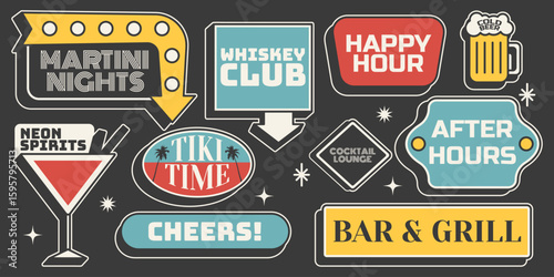 Retro sticker set. Bar and alcohol signs in vintage midcentury style. Cocktail, beer and party icons. Vector illustration on black background