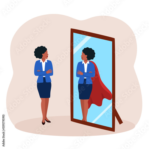 Businesswoman looking at her strong ideal self superhero reflection mirror. Self confidence, positive attitude to success, determination to achieve goals.