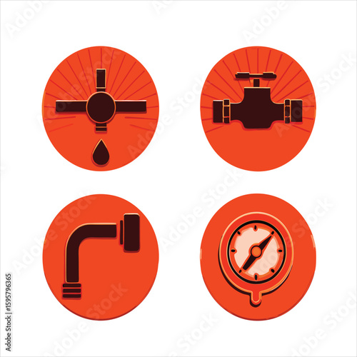 Red circular plumbing icon set with water tap pipeline valve pressure meter and pipe fitting vector illustration
