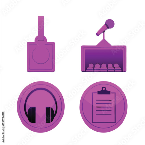 Business conference and event management vector icon set with speaker podium ID badge headphones and clipboard checklist
