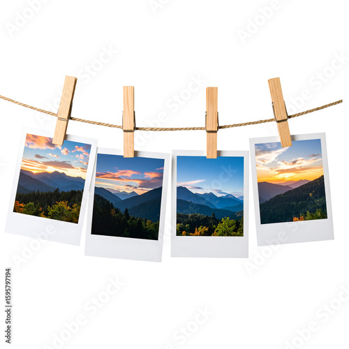  Polaroid-style photos clipped to a twine string with wooden clothespins, showing scenic landscapes of , forests, and vibrant sunset skies, isolated on white or transparent background ... See More (3)