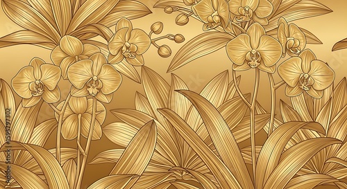 Elegant gold orchid floral design with intricate line work and tropical foliage illustration