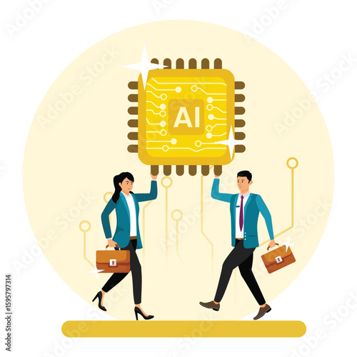 Embrace AI , artificial intelligence adoption, business people carry AI processing chip.