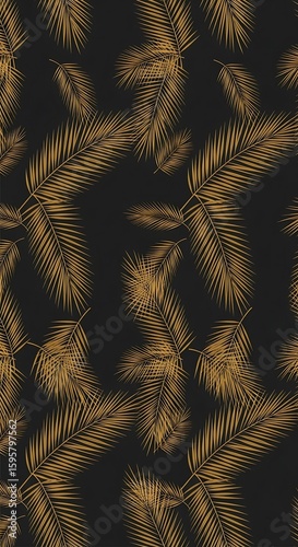 Elegant gold palm leaves on black background creating a tropical wallpaper pattern