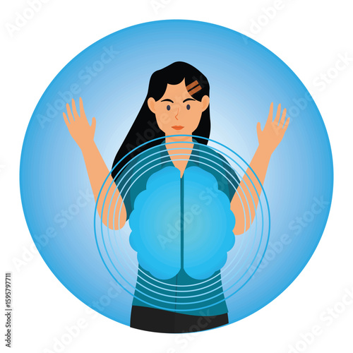 Artificial Intelligence concept. Woman With AI brain and Bright Blue Environment.