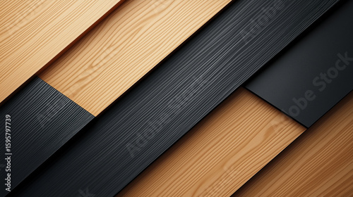 A modern, abstract background of diagonal black and light wood panels. perfect for sophisticated interior design or corporate branding concepts