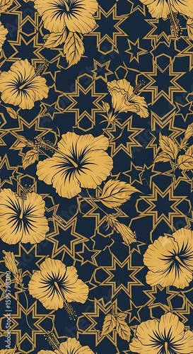 Elegant golden hibiscus floral pattern on deep blue background adds touch of sophistication