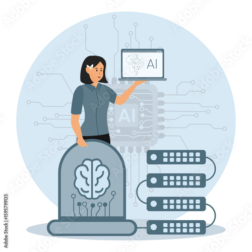 Artificial Intelligence Concept Featuring Woman, Brain Icon, and Technology Elements.