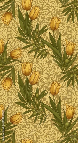 Elegant yellow tulip and leaf pattern design on a light beige background