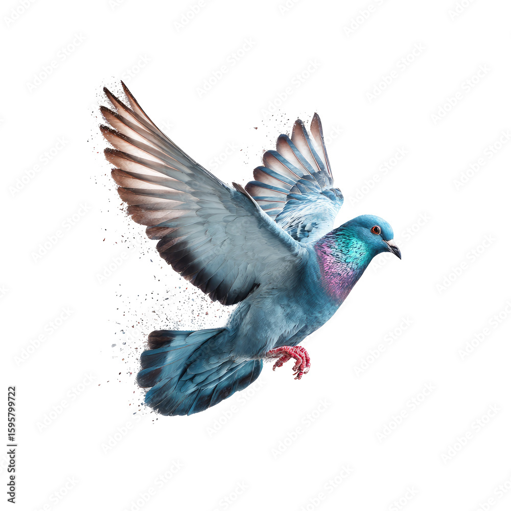 Obraz premium A stylized, vibrant pigeon in flight. Its wings are outstretched, with a dynamic, almost ethereal effect. Soft pastel shades of blue and pink highlight the bird's plumage