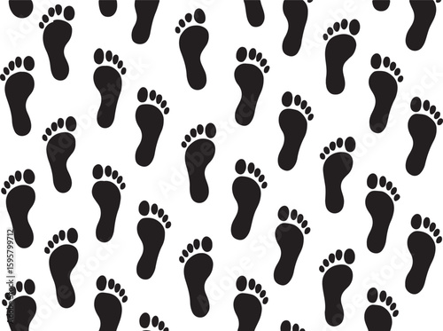 Black Footprints Pattern on White Background footstep
