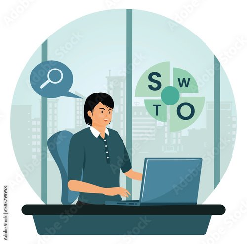 SWOT Analysis concept. Businesswoman Conducting SWOT Analysis in a Corporate Office Environment.