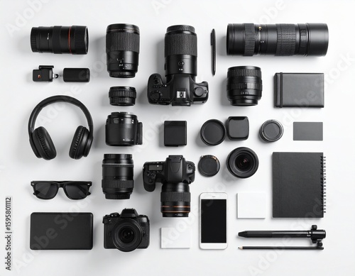 A flat-lay, knolling-style realistic photograph displaying a photographer’s newly acquired gear, arranged with precision and balance. From camera equipment to creative tools, the layout tells a visual