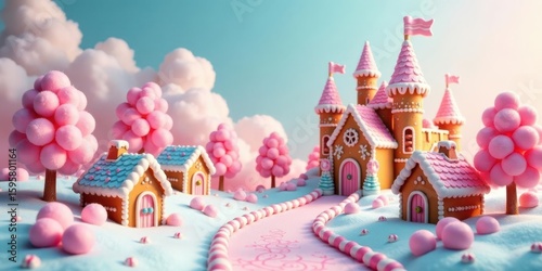 Enchanted Candy Village A Whimsical Gingerbread Castle and Cozy Cottages Nestled Amongst Fluffy Pink Trees on a Festive Candy Cane Path