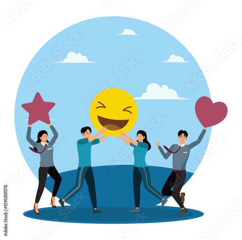 Employee satisfaction concept. Team Celebrating with Fun Symbols in a Cheerful Outdoor Setting.