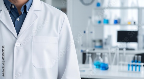 A professional photorealistic mockup of a doctor or scientist wearing a blank, white lab coat in a modern laboratory setting.