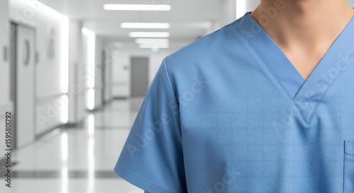 A professional photorealistic mockup of a doctor or scientist wearing a blank, white lab coat in a modern laboratory setting.