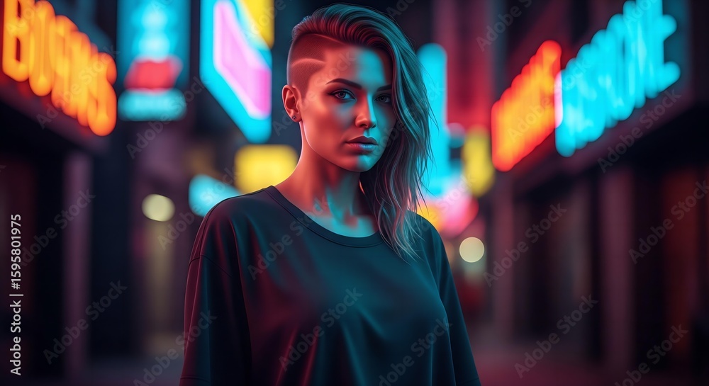 Obraz premium A cinematic mockup of a woman wearing a blank, black t-shirt, illuminated by the colorful bokeh of neon signs in a city at night.