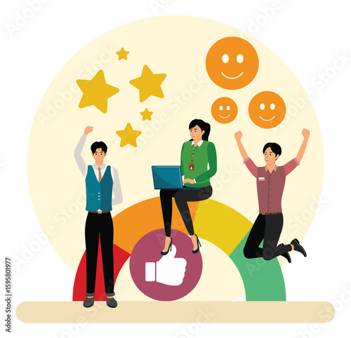 Staff dedication or job satisfaction concept. Business people employee with stars and happy reward.