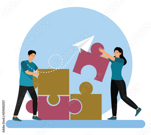 Increase value and workplace motivation concept, employees help complete jigsaw in their office.