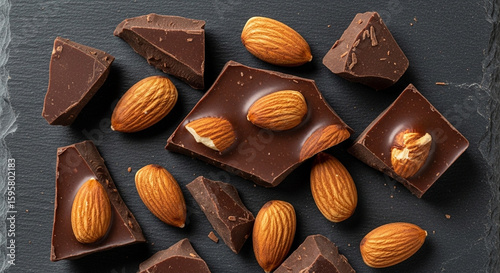 Pieces of dark chocolate with raw almonds on a dark slate background.