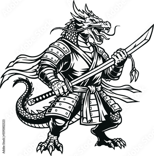 A fearsome dragon, clad in samurai armor, brandishes a katana, its powerful stance conveying strength and might.