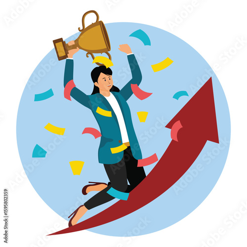Woman Celebrating Success and Achievement with a Trophy and Upward Trend