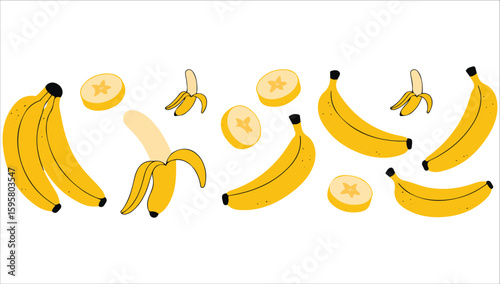 Banana bunch sliced fruit vector set