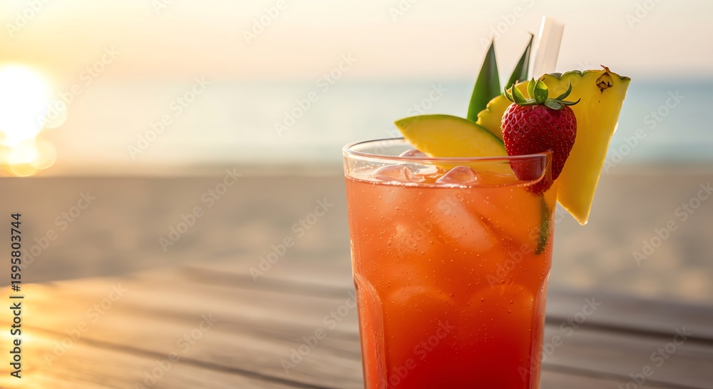 Obraz premium Tropical cocktail with fruit garnish on wooden table