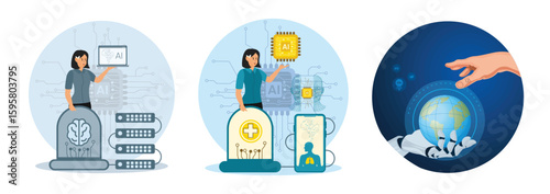 Artificial Intelligence Concept. Woman Demonstrating AI Integration. Human and Robot Hand.