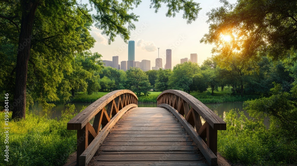 Tranquil park scene with wooden bridge over water leading to city skyline and green trees at sunset Tranquil park scene with wooden bridge over water leading to city skyline and green trees at sunset
