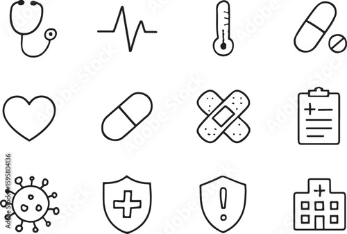 Hand drawn medical icons arranged in a grid stethoscope