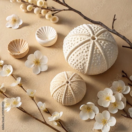 Sea shells and starfish collection on sandy beach background