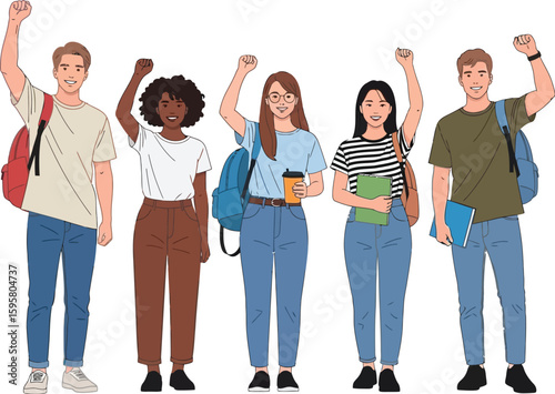 Illustration of five diverse students with backpacks raising their fists in a show of solidarity
