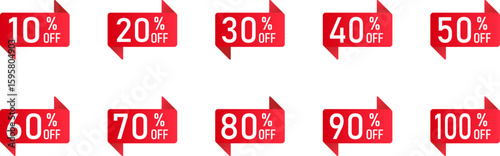 Red Discount Sale Tags with Percent Off Labels from 10% to 100% for Promotional and Marketing Design