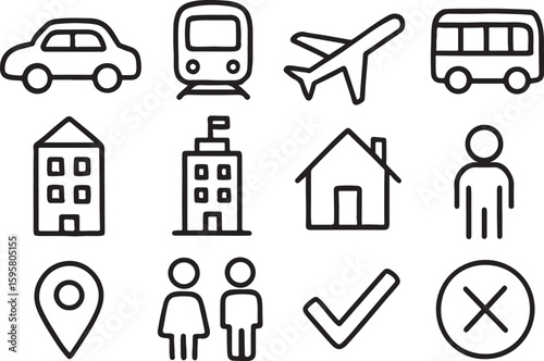 Simple hand drawn line art icons for travel and locations