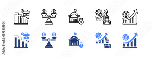 Macro Economy icon sheet with Unemployment, Stability, Spending, Productivity, Growth.