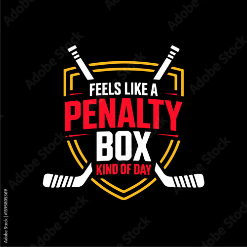 Hockey-themed graphic design, featuring text and hockey sticks on a shield.