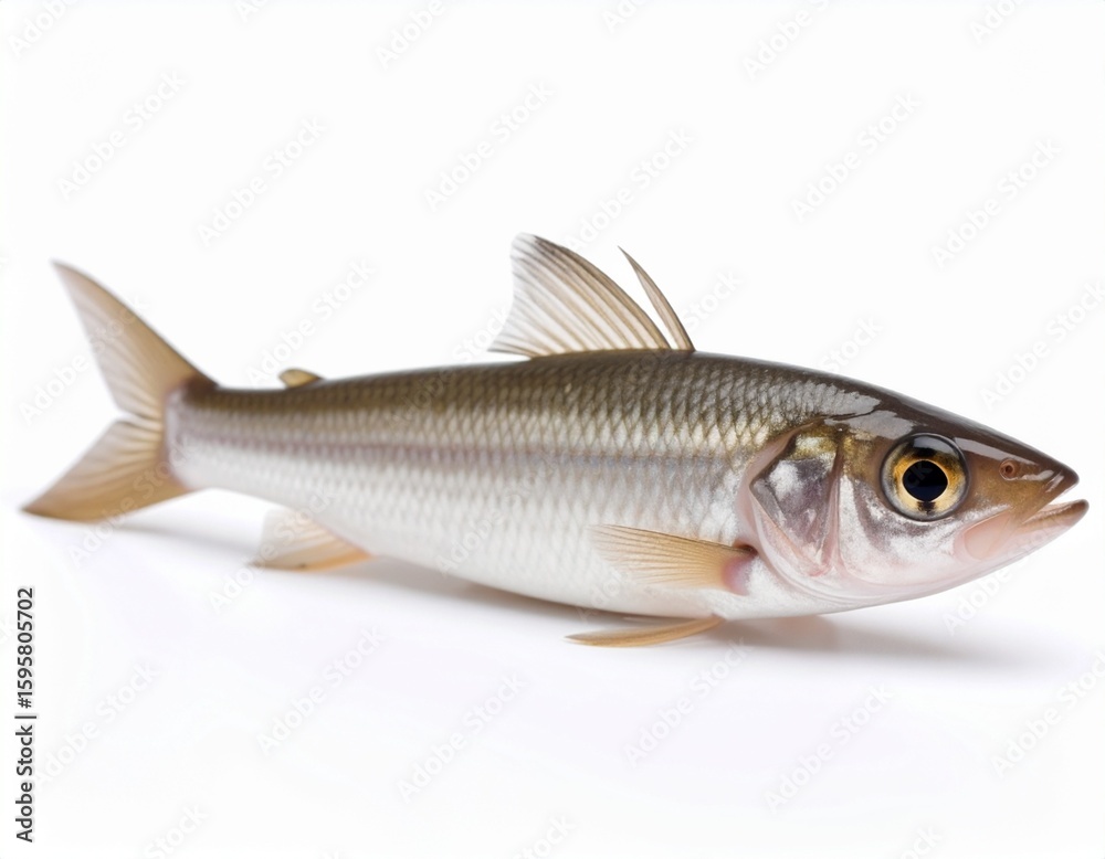 Detailed, full HD, cinematic image of a little fish, presented against an immaculate white background. Detailed, full HD, cinematic image of a little fish, presented against an immaculate white background.