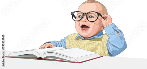 A baby with glasses reading a book, wearing a blue shirt and yellow vest, looking up and smiling wide