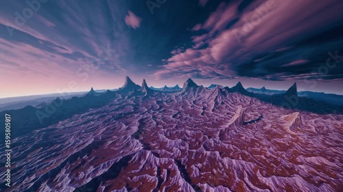 Beautiful desert landscape at dusk with a full moon and orange-hued clouds painting the evening sky on exo planet