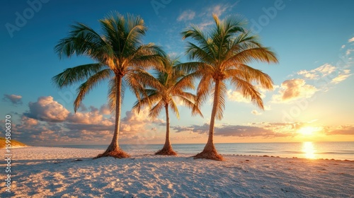 Beautiful tropical beach scene with three palm trees du sunset on a sandy shore