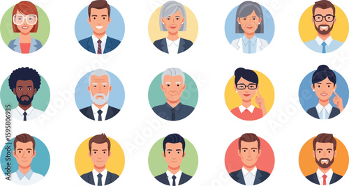 A collection of diverse professional avatar portraits displayed in circular frames on a white background