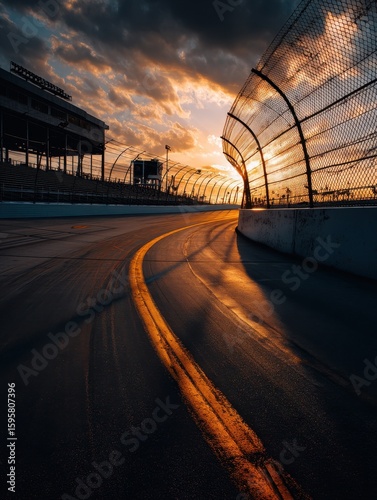 Intense nascar race sunset at track aerial view of curved route sports vibrant environment