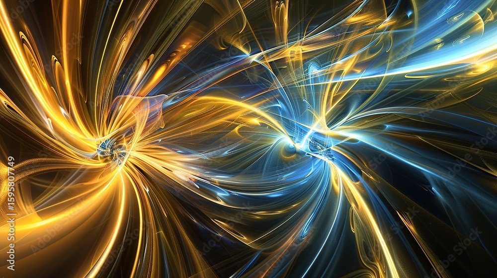 Fototapeta premium A dynamic abstract swirl of light and energy, composed of blues and golds, dances across a dark background, creating a visually striking and modern design. This captivating composition offers a sense 