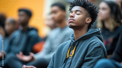 Teens practicing mindfulness and meditation at a youth center, promoting relaxation, focus, and mental health awareness. —ar 16:9 