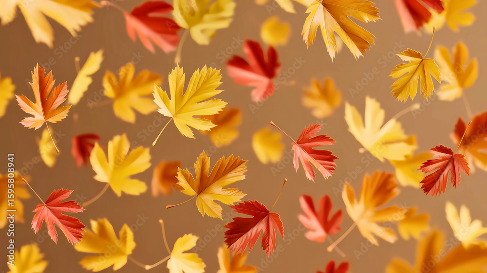 Obraz premium Colorful autumn leaves gently float and fall against a warm brown background