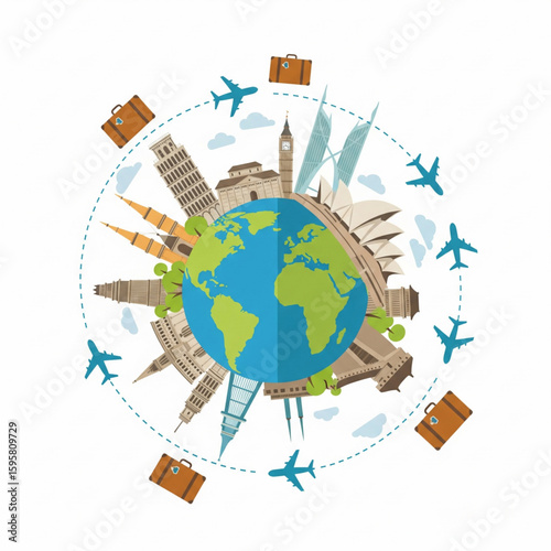 illustration of a globe surrounded by famous landmarks, airplanes flying around, and suitcase icons, travel concept, minimal flat style