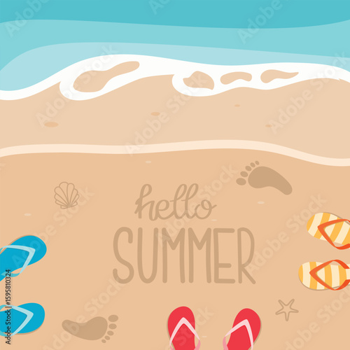 Summer beach vector background. Coastline, sand, flip flops. Hello Summer hand lettering. 