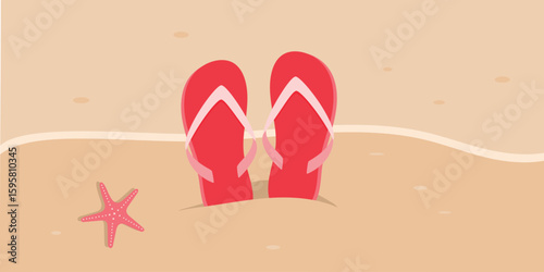 Red flip flops on the sand. Summer vector illustration for banner, card, invitation, sales. 